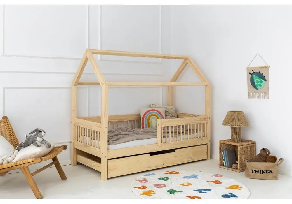 Letto da bambini a forma di casa/estraibile di colore naturale in pino massiccio con contenitore con rete inclusa 120x200 cm MBW – Adeko