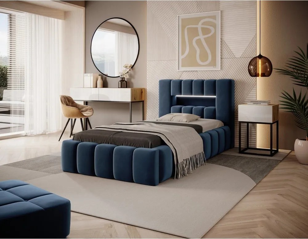 Letto singolo imbottito blu scuro con contenitore con rete inclusa 90x200 cm Lamica – ELTAP