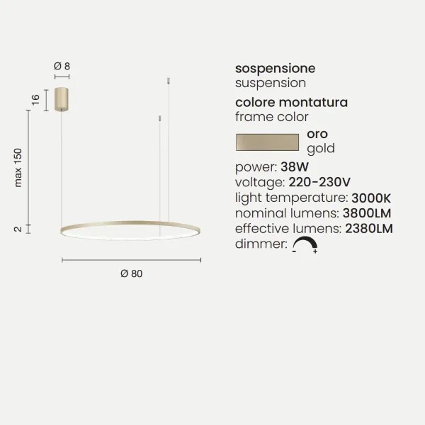 Lampada a sospensione a Led SOEL 80 in metallo verniciato ORO