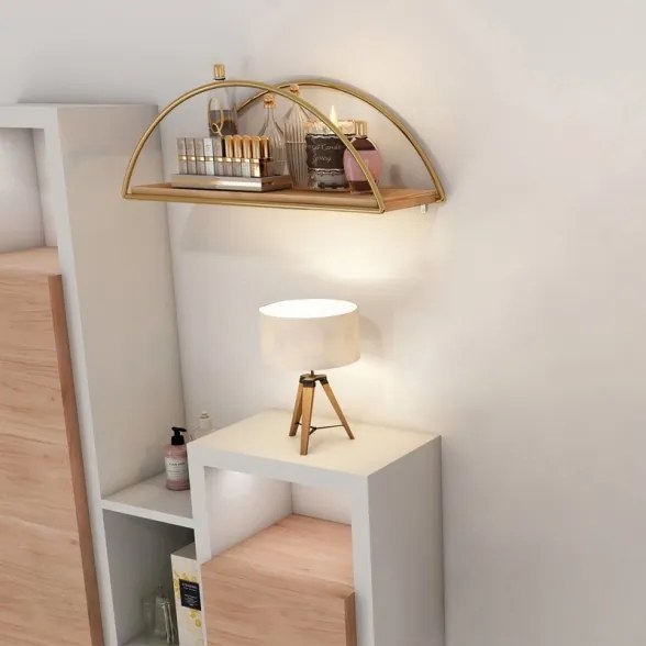 Mensola A Parete Stile Industrial Oro E Legno 41x17x16 Cm Rafi