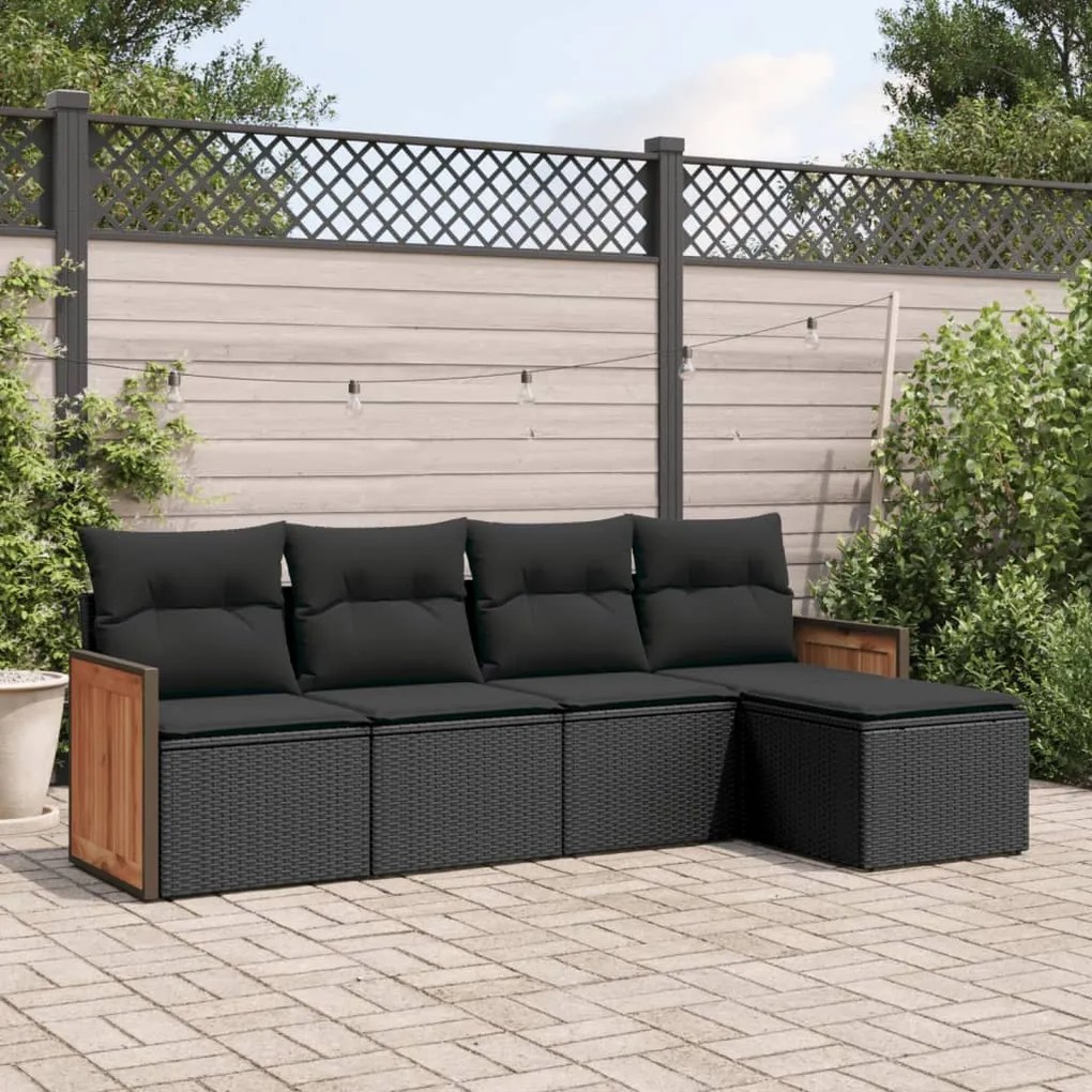 Set divani da giardino 5 pz con cuscini in polyrattan nero