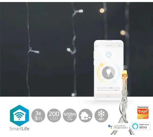 Nedis WIFILXC02W200 - Tenda luminosa natalizia a LED 200xLED/11 funzioni 6m IP65 Wi-Fi Tuya