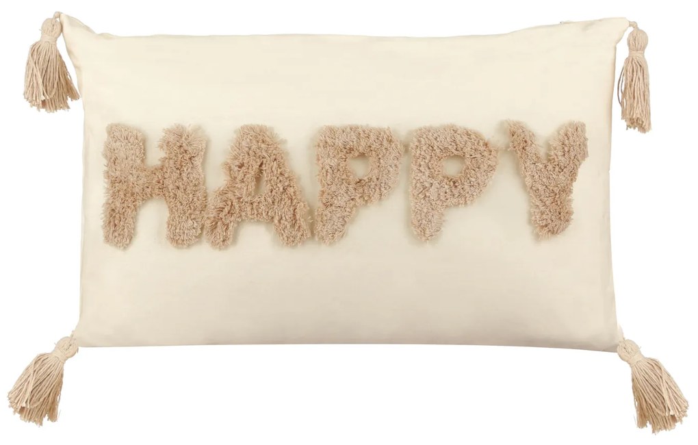 Cuscino divano 30x50 cm scritta Happy con nappine