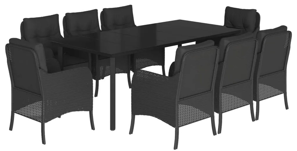 Set da pranzo da giardino 9 pz con cuscini nero in polyrattan