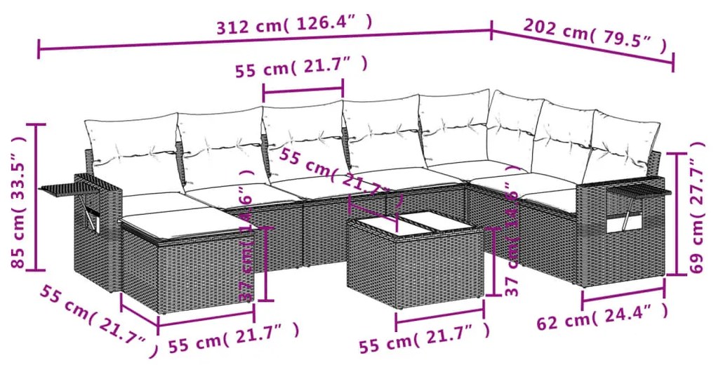 Set divano da giardino 9 pz con cuscini beige in polyrattan