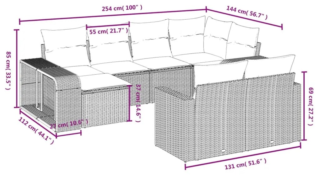 Set Divani da Giardino 10pz con Cuscini in Polyrattan Nero