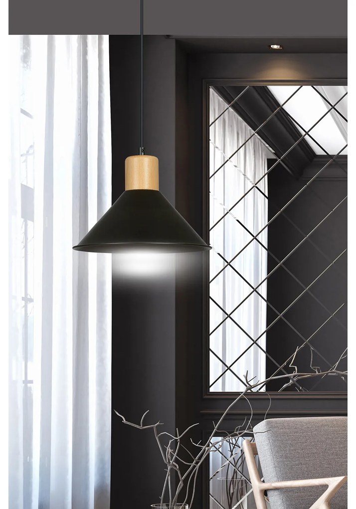 Sospensione Nordica 1 Luce Chandra In Acciaio Nero E Legno