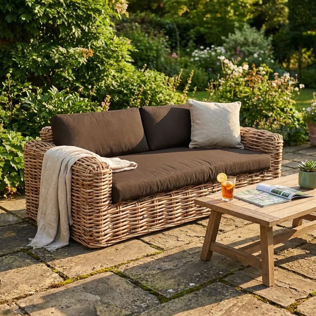 ROSEUS - divano da giardino 2 posti completo di cuscino intreccio in rattan naturale