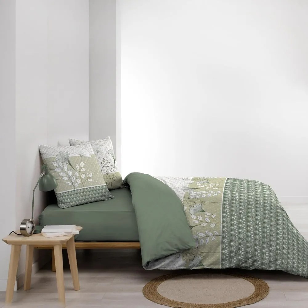 Set copripiumino e federa bianco/verde in cotone per letto matrimoniale ed esteso 240x220 cm Poetine – douceur d'intérieur