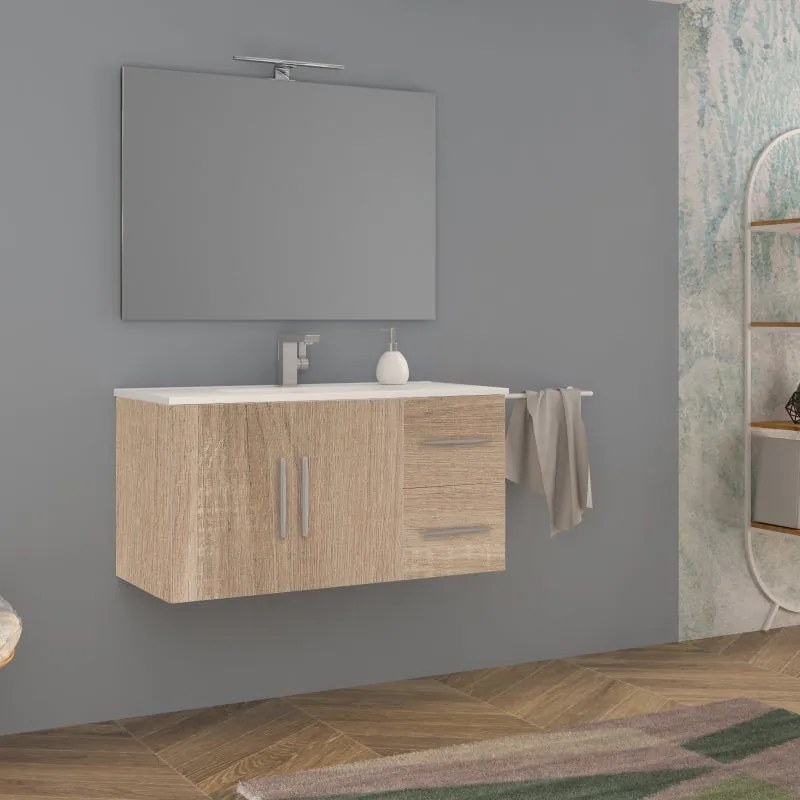 Mobile bagno sospeso con lavabo L 100 x H 55 x P 46 cm rovere bruge, 2 ante 2 cassetti per vasca centrale Master