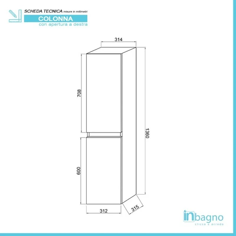 Pensile bagno sospeso bianco venato H 136 cm ante reversibili soft-close Easy