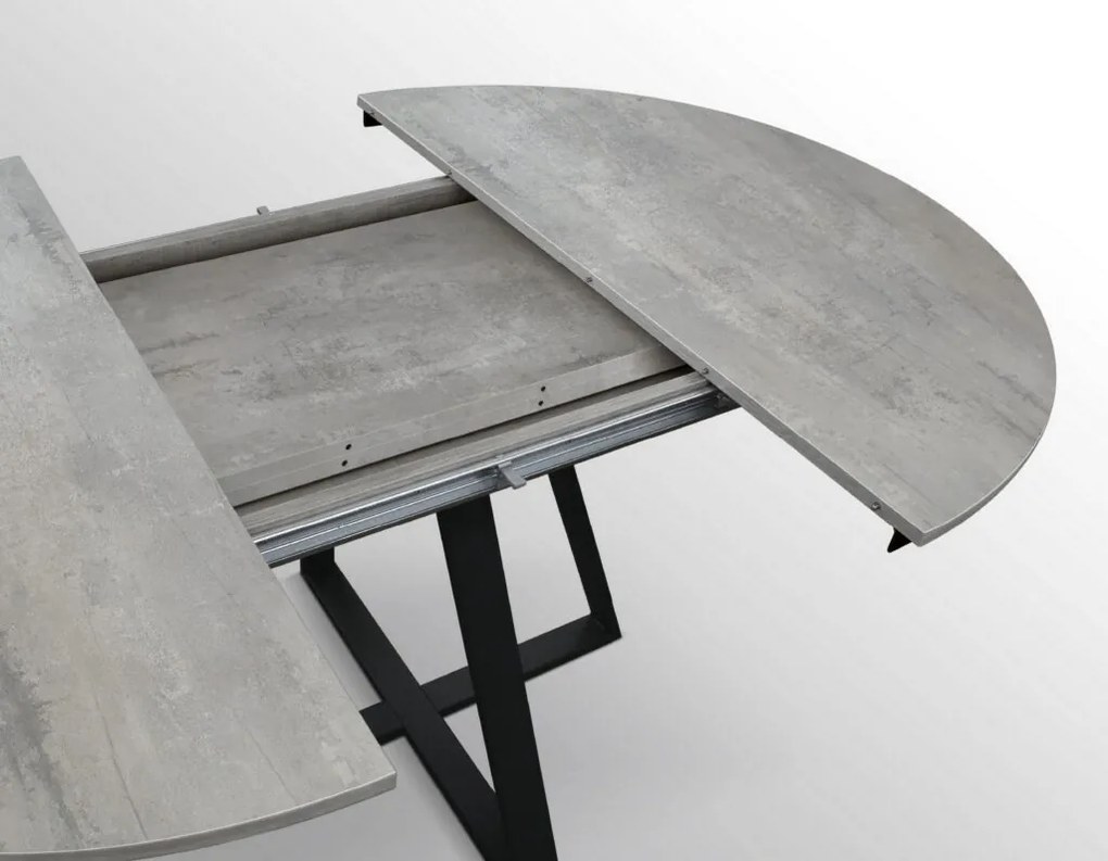 Tavolo rotondo PANTELLERIA in legno effetto grigio cemento con base a X in metallo antracite, allungabile ⌀120 cm – ⌀170 cm