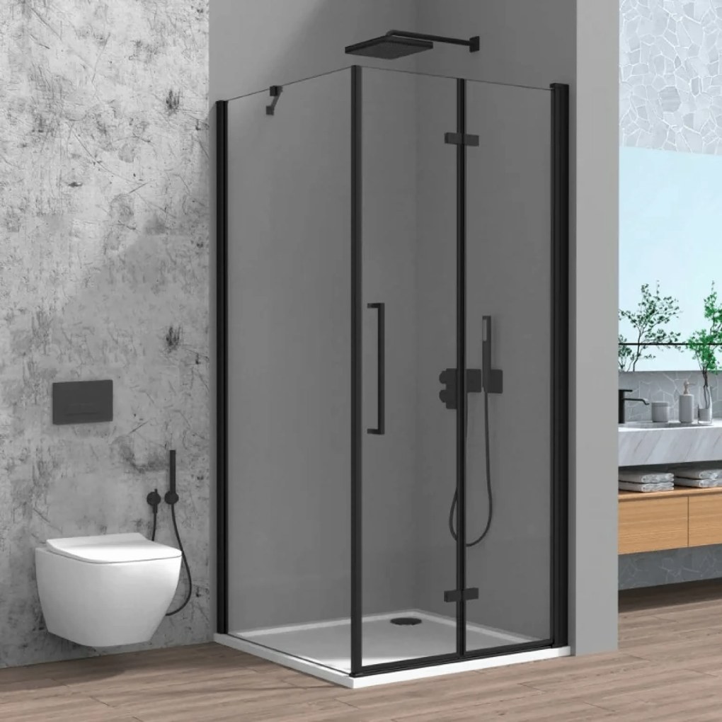 Box Doccia Angolare a Soffietto 90x70 Feridras "Royal" Nero Opaco/Vetro Trasparente