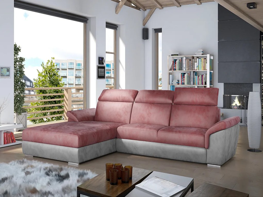 Divano letto matrimoniale angolare Cannes - Tessuto grigio+tessuto rosa