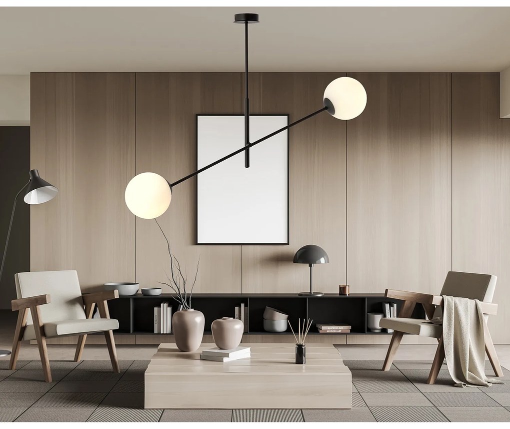 Lampadario 2 Luci Yama In Acciao Nero Con Bracci Regolabili E Vetro Opale