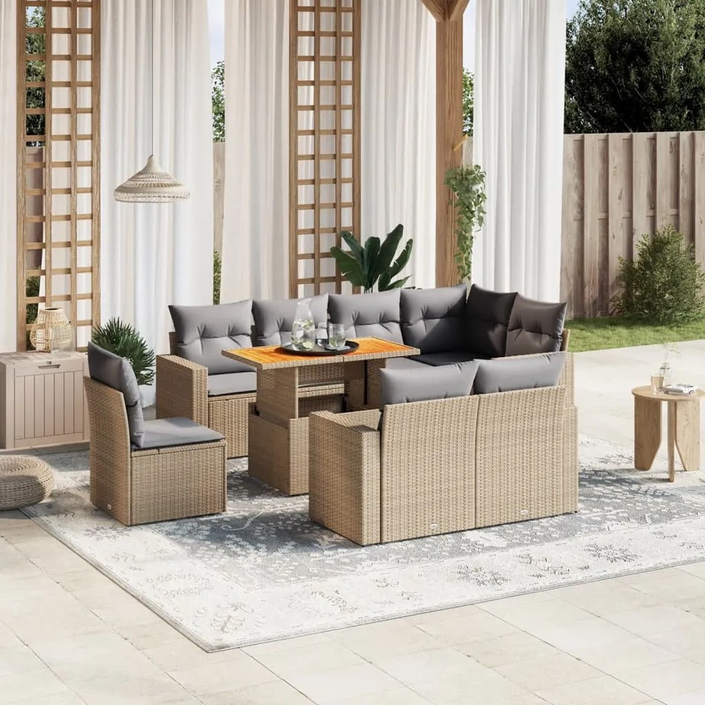 Set divano da giardino 9 pz con cuscini beige in polyrattan