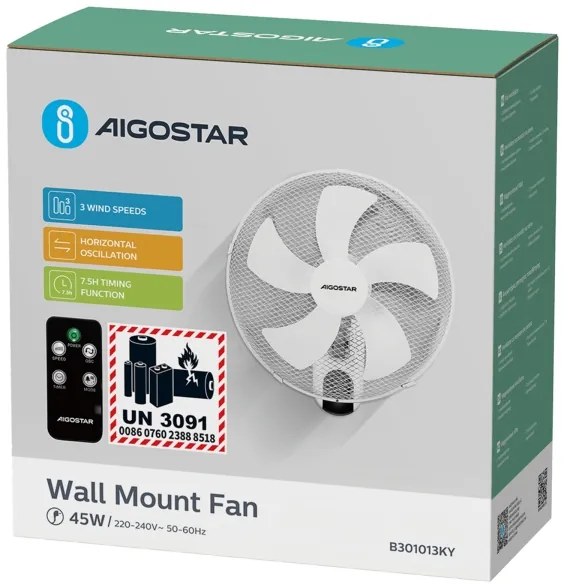 Aigostar - Ventilatore da parete 45W/230V bianco + +TC