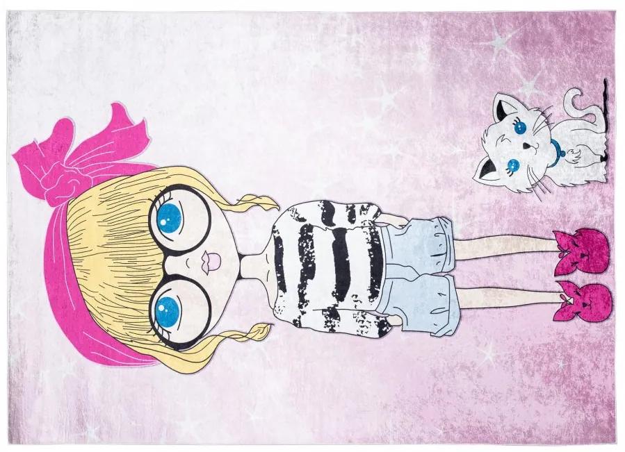 Tappeto per bambini per la camera di una bambina con una signorina e un gatto Larghezza: 160 cm | Lunghezza: 220 cm