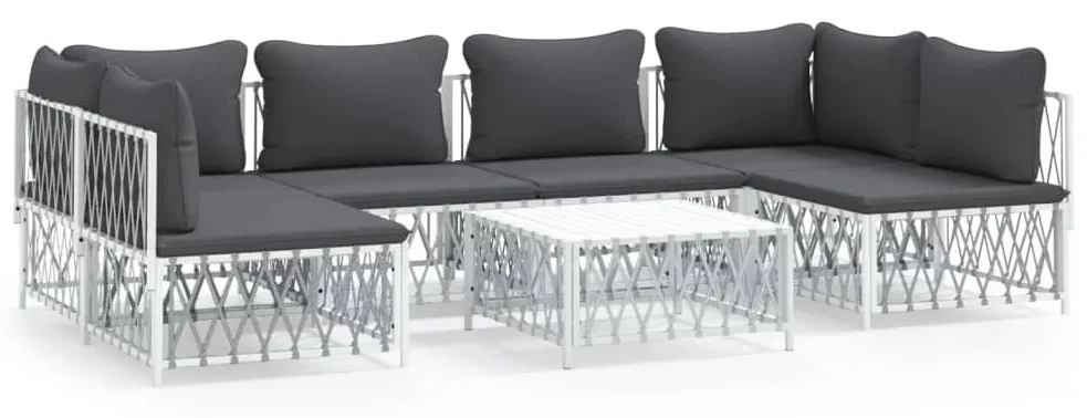 Set salotto da giardino 7 pz con cuscini in acciaio bianco