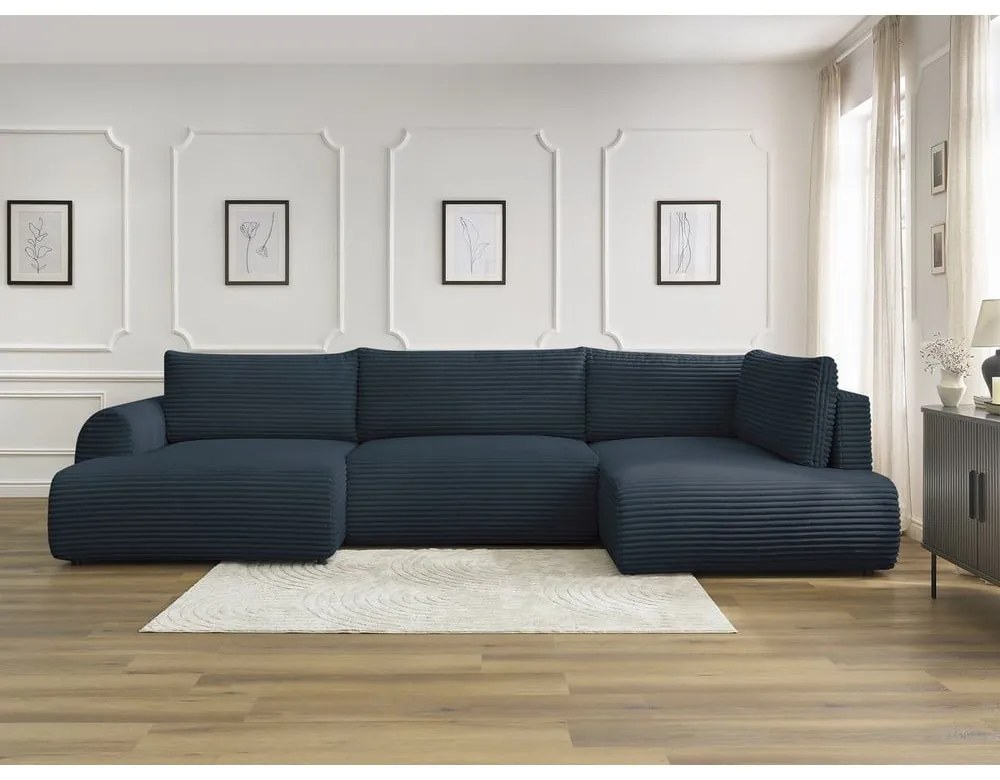 Divano angolare in blu scuro allungabile (con penisola a sinistra/a forma di "U") con rivestimento in velluto a coste Lucien – Bobochic Paris