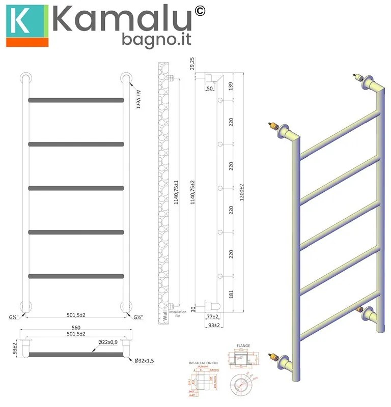 Kamalu - termoarredo scalda salviette 1200x560mm interasse 500 mm kam-d6012c
