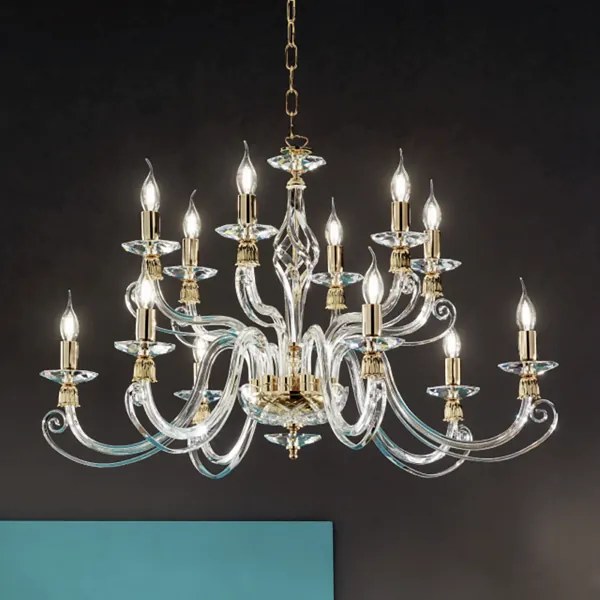 Lampadario a sospensione 1306 in vetro soffiato lavorato a mano 12 luci 100 cm ORO