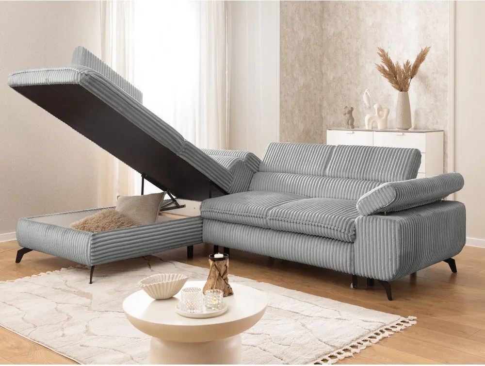 Divano angolare grigio chiaro (con penisola a sinistra/a L) con rivestimento in velluto a coste Marbeya – Ropez