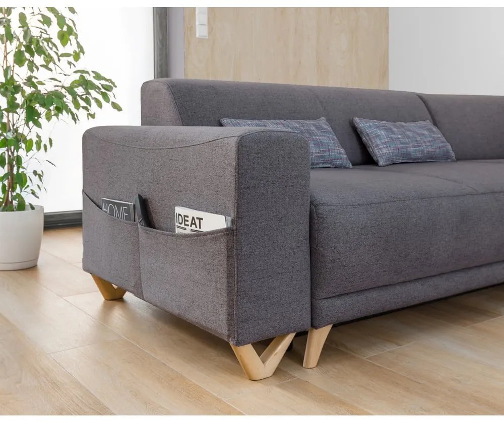 Divano angolare grigio allungabile e con contenitore (con penisola a destra/a L) Classy Sophie – Miuform