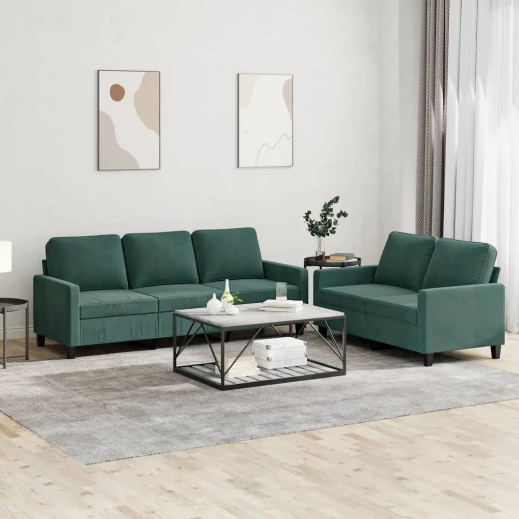Set Di Divani 2 Pz Con Cuscini Verde Scuro İn Velluto /