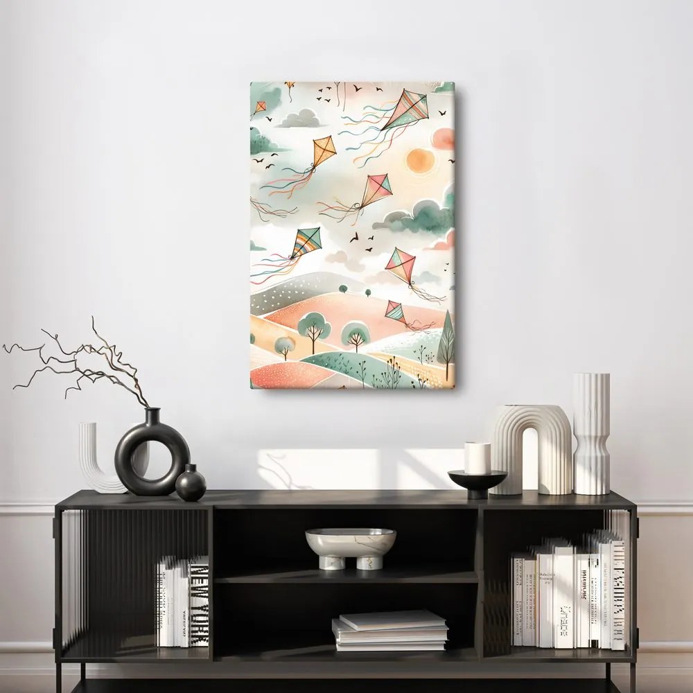 Quadro su tela – Paesaggio pastello con aquiloni nel cielo