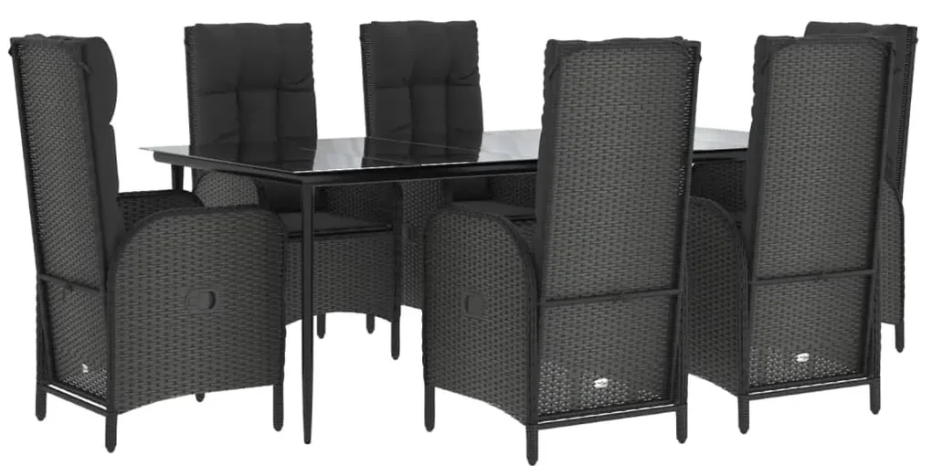 Set da pranzo da giardino 7 pz nero con cuscini in polyrattan