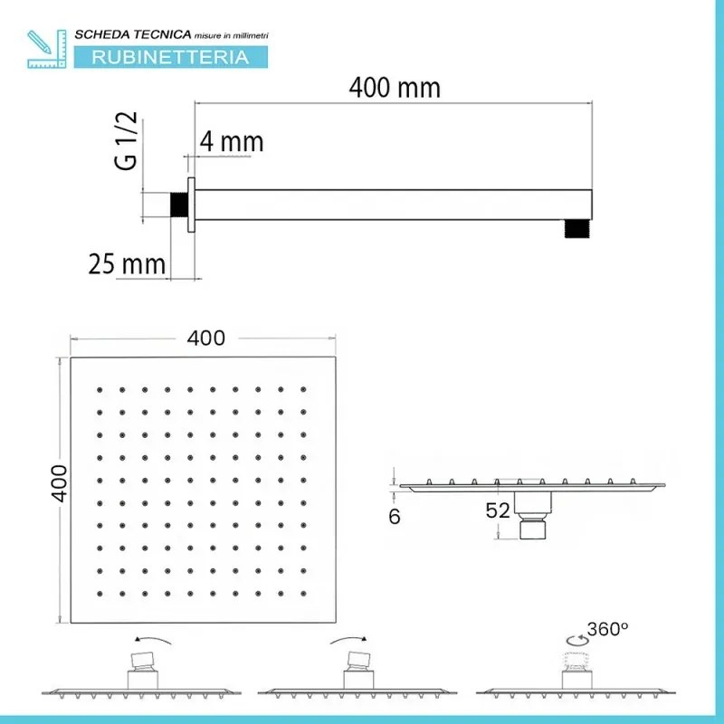 Set doccia cromato con braccio soffione quadrato 40x40 e kit doccia