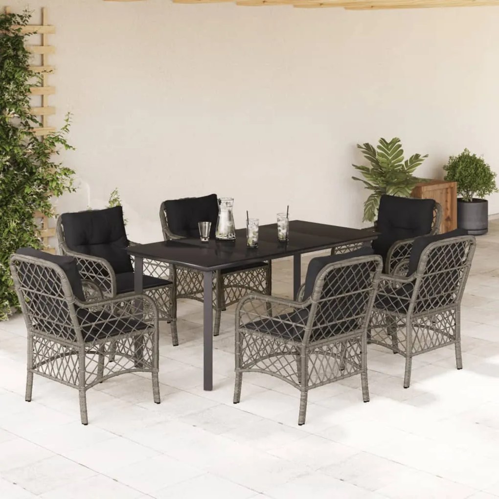 Set da pranzo da giardino 7 pz con cuscini in polyrattan grigio