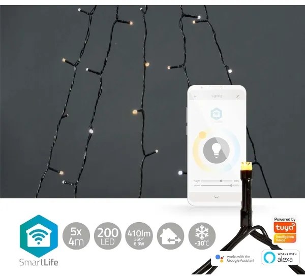 Nedis WIFILXT12W200 - Tenda di Natale LED 200xLED/8 funzioni 5x7m IP65 Wi-Fi Tuya