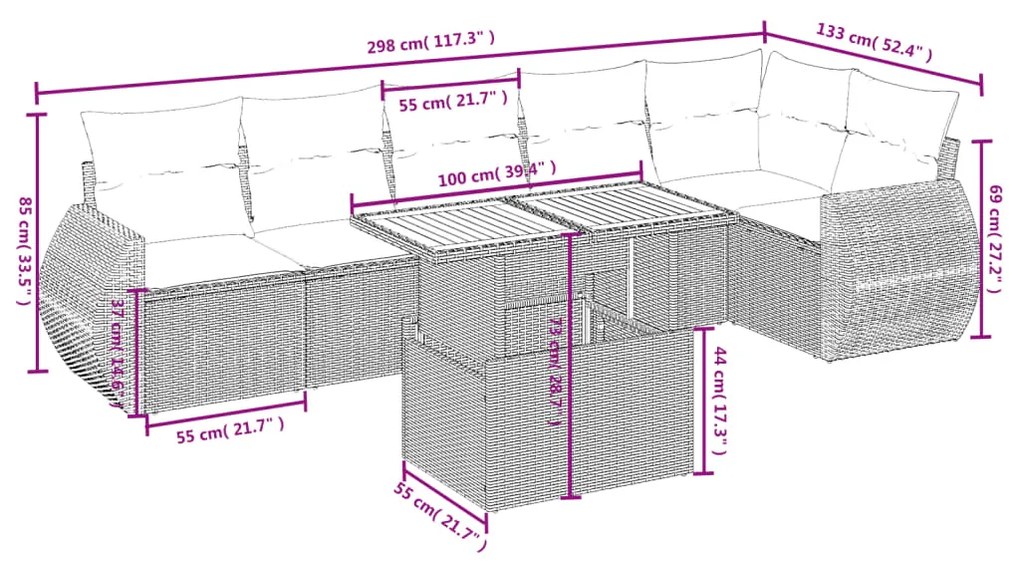 Set divani da giardino con cuscini 7pz nero polyrattan