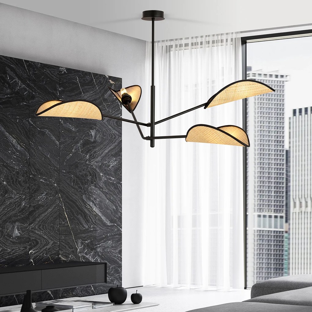 Lampadario 4 Luci Eridano In Acciao Nero E Rattan Con Bracci Mobili
