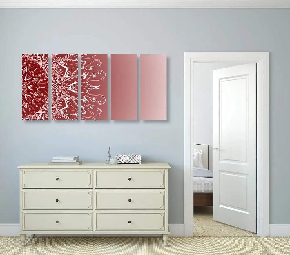 Quadri 5 pezzi – Mandala bianco su sfondo bordeaux