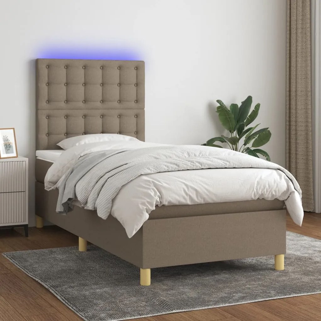 Letto a molle con materasso e led tortora 90x200 cm in tessuto