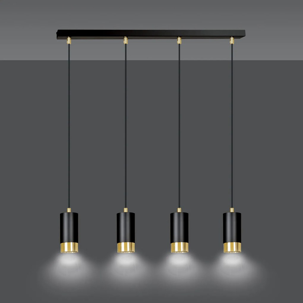 Lampadario 4 Luci Ivar Con Cilindri In Acciaio Nero E Oro