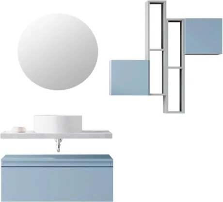 Mobile Bagno Sospeso 80 Cm Con Cassettone Blu Pastello Mensola Beton Lavabo E Specchio Aurora
