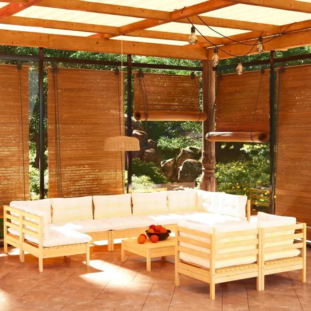 Set divani da giardino 10 pz con cuscini crema massello di pino
