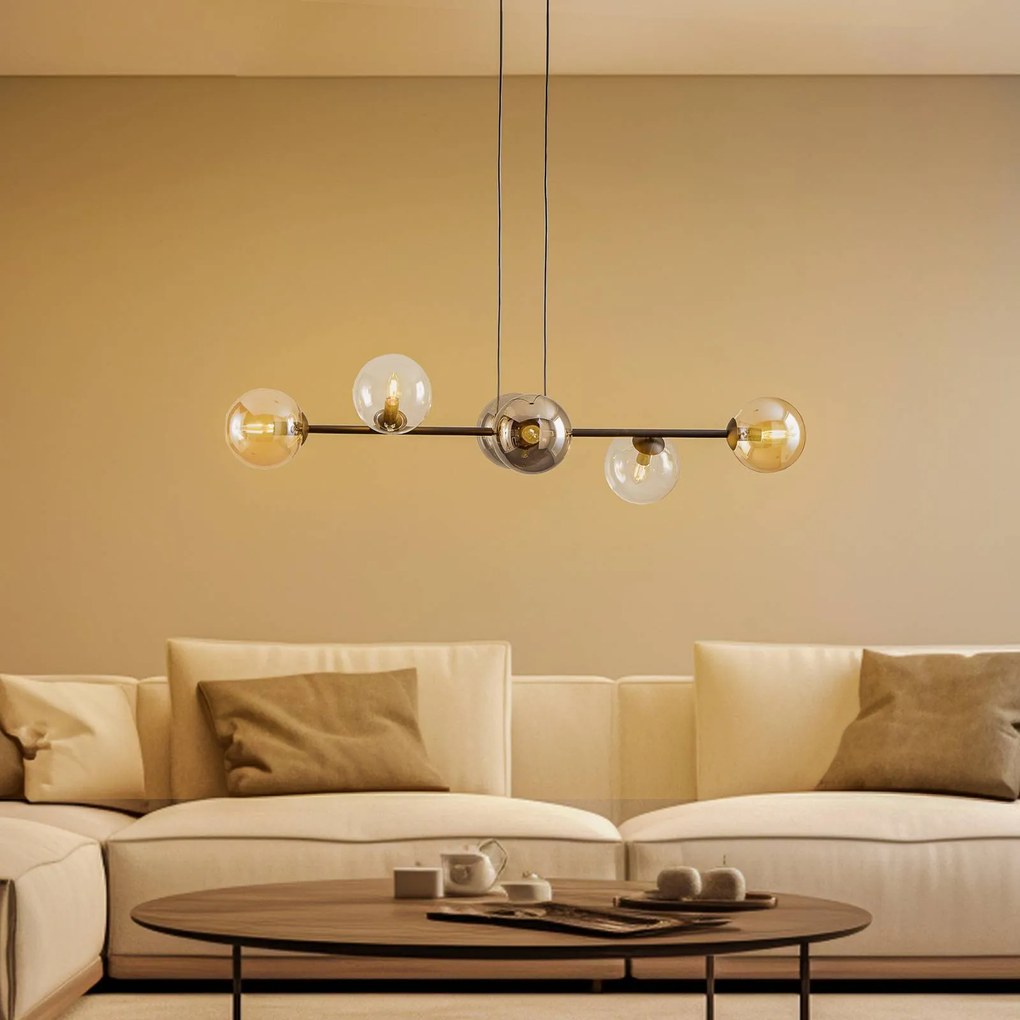 EMIBIG LIGHTING Lampada a sospensione Glassy, a 6 luci, grafite/ambra/trasparente, vetro, 110 cm
