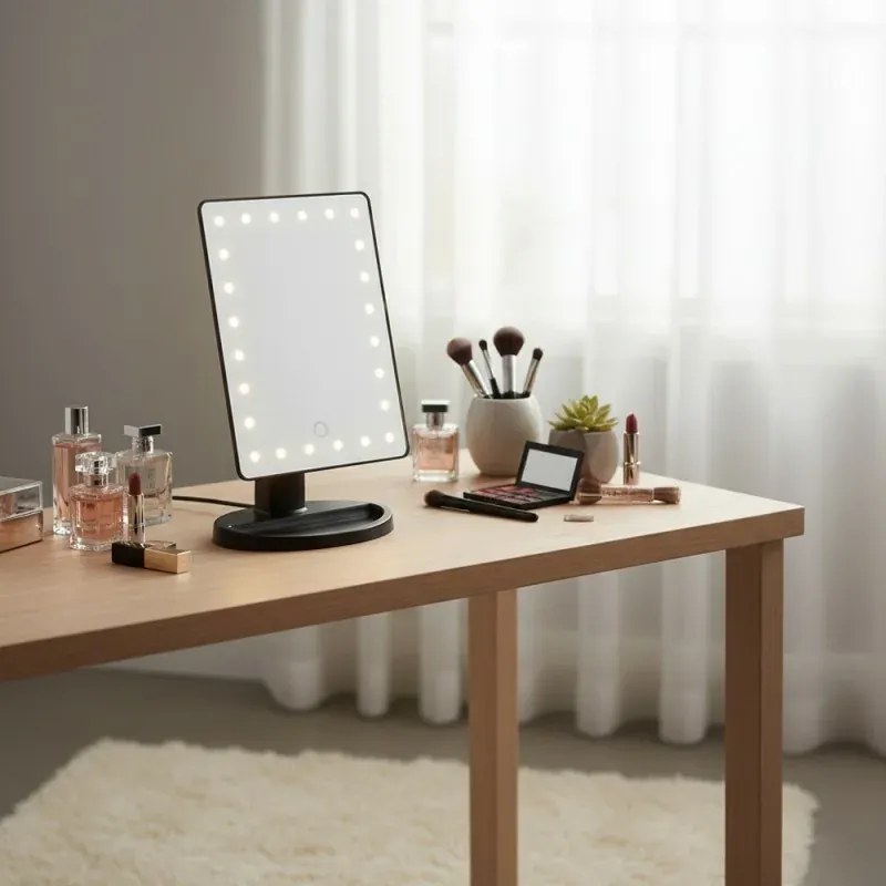 Specchio trucco con luci LED touchscreen e regolazione a 180° da appoggio nero