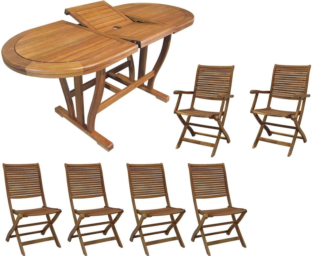 TURRIS - set tavolo in legno massiccio di acacia cm 120/160 x 70 x 74 h con 4 sedie e 2 poltrone Mulier