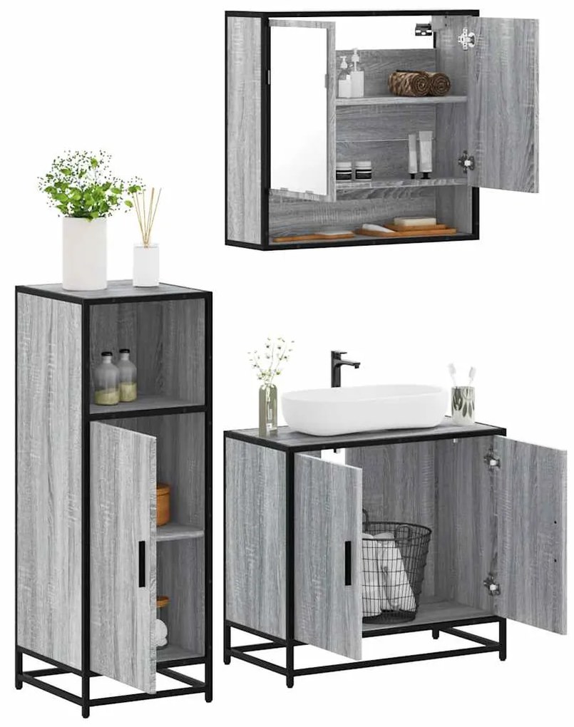 Set Mobili Da Bagno 3 Pz Grigio Sonoma İn Legno Multistrato /