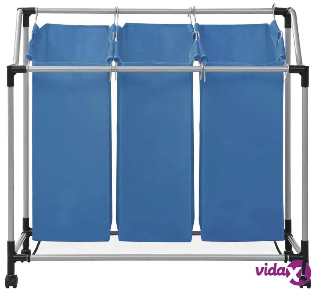 vidaXL Portabiancheria con 3 Scomparti in Acciaio Blu