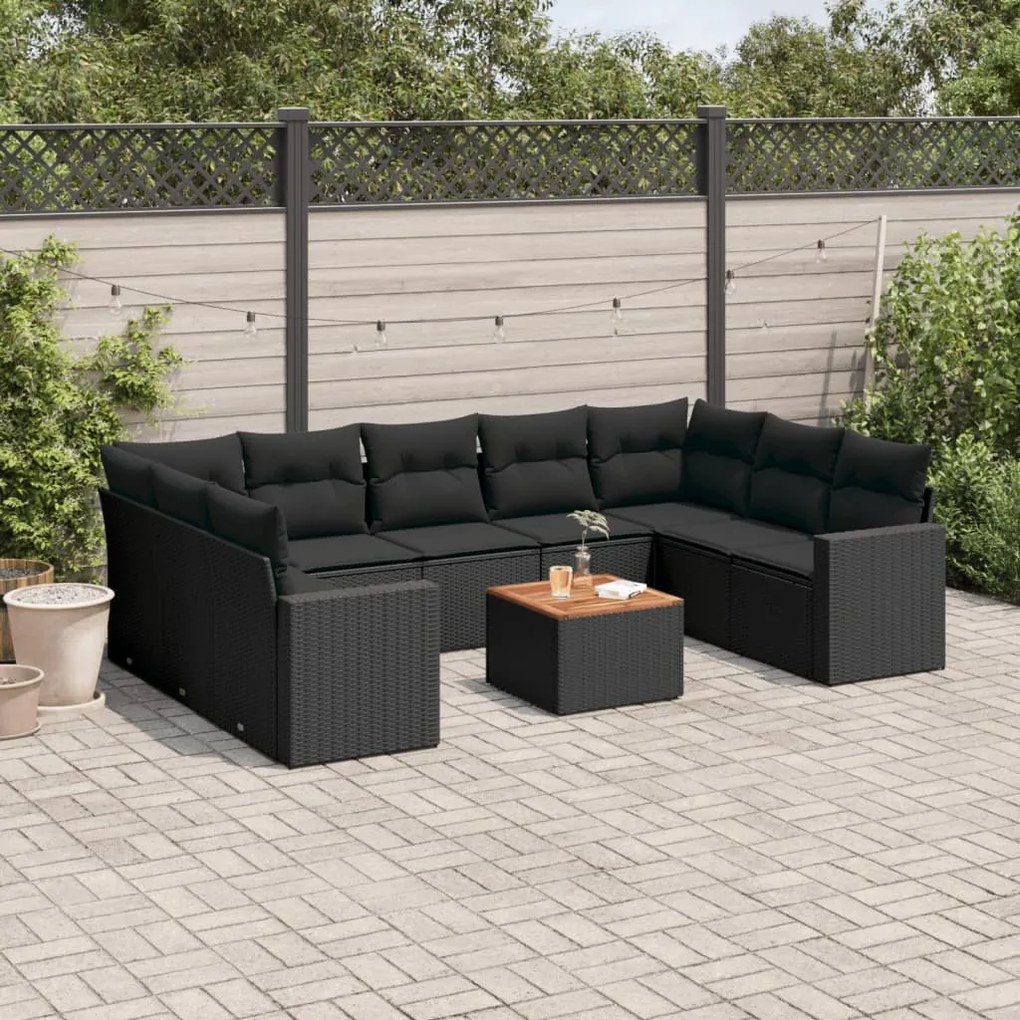 Set divani da giardino 10pz con cuscini in polyrattan nero