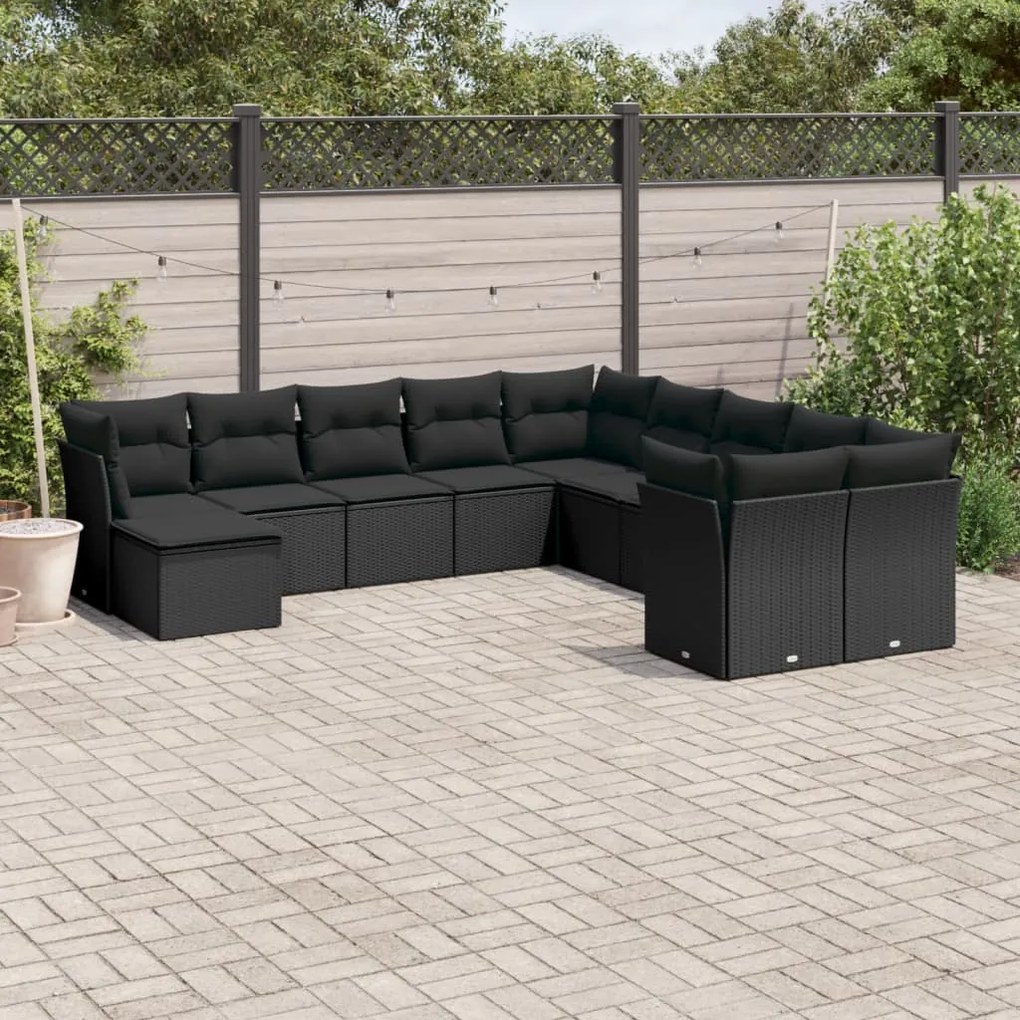 Set divani da giardino 11 pz con cuscini in polyrattan nero