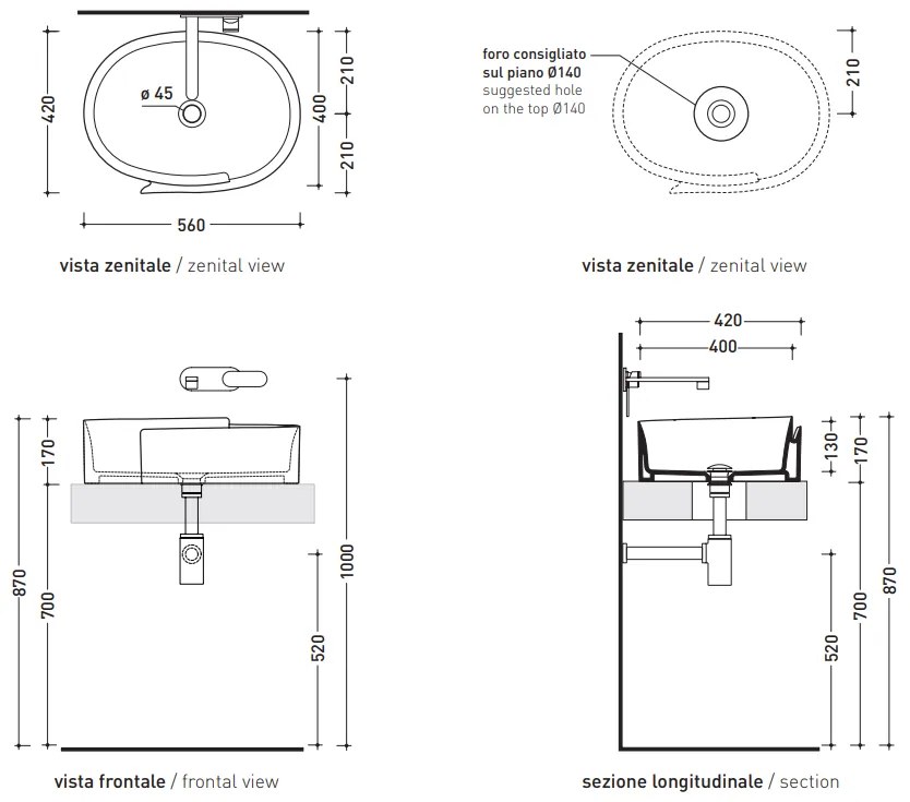 Ceramica Flaminia Roll lavabo tondo 56 cm da appoggio senza troppopieno in ceramica bianco