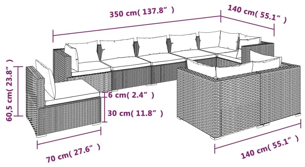 Set Divani da Giardino 9 pz con Cuscini in Polyrattan Nero